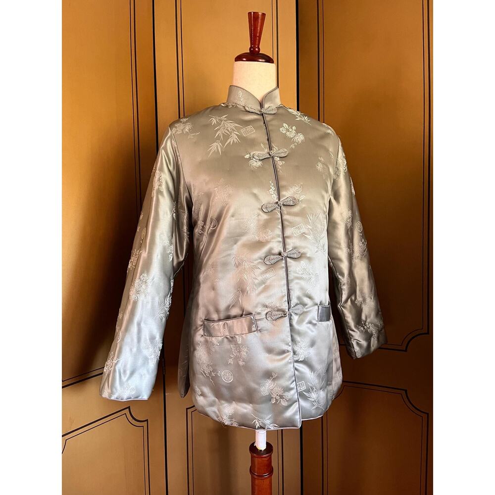 Vintage padded cotton jacket in silver with asian embroideries, size M